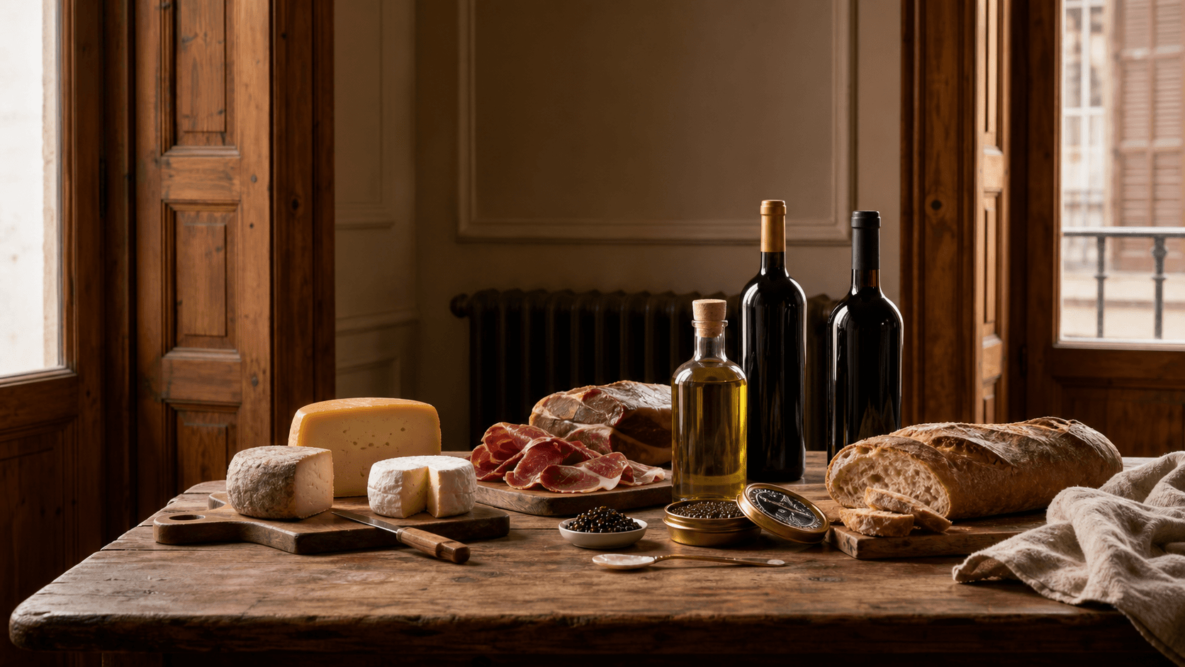 Mesa gastronomica con quesos, jamon, pan, aceite, vino y caviar